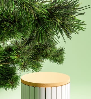podium for product presentation with pine branches on green background. 3d render