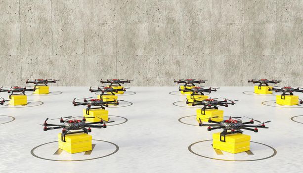 airstrip full of drones ready with packages for delivery. future delivery concept. 3d render