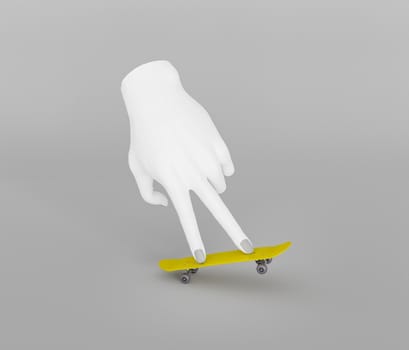 yellow skateboard with white hand and grey background. finger skate concept. 3d render