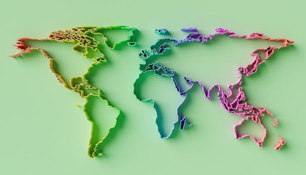 relief world map with rainbow gradient color and green background. 3d rendering