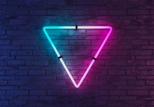 neon triangle with pink and blue lighting on brick wall for design or product display. 3d render