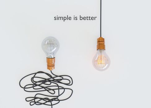 light bulb with tangled wire off and one with single wire on. simple is better. easy way. concepts. 3d render