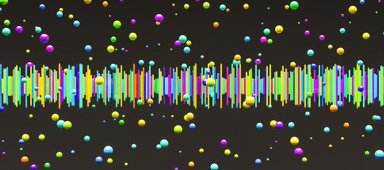 sound wave bars of all colors with spheres around on dark background. music concept. 3d render