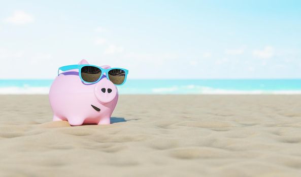 pink piggy bank with blue sunglasses on beach sand with the sea out of focus in the background on a sunny summer day. concept of vacation and saving. 3d render