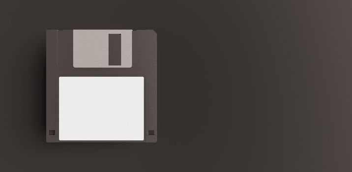 mockup of black floppy disk with white label on dark background and space for text. 3d rendering