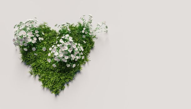 heart of grass with white flowers on white background. copyspace. 3d render