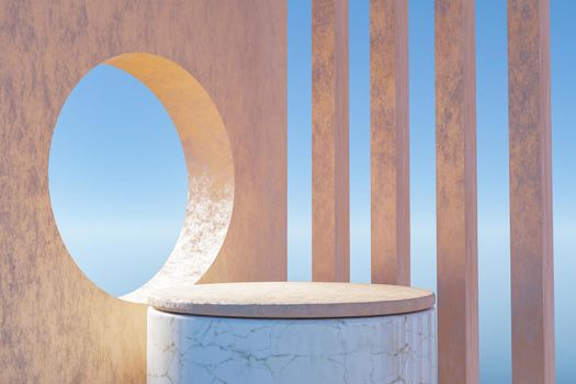 abstract cylindrical podium for product presentation with columns and a circular window over blue sky. 3d rendering