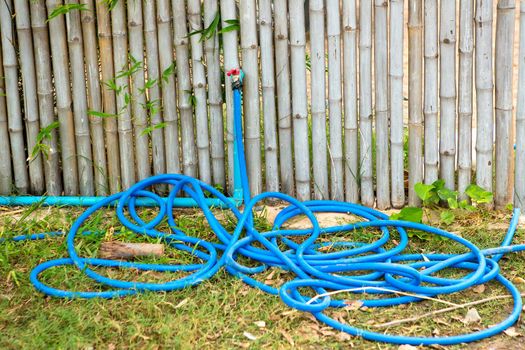 Faucet with rubber hose on the grass.