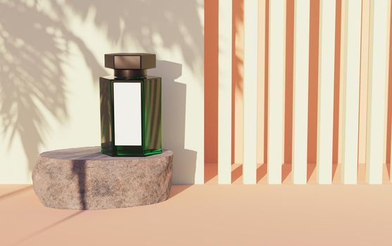 mock-up of green glass boat with white label on a rock and abstract background of linear shapes and palm tree shadow. 3d rendering