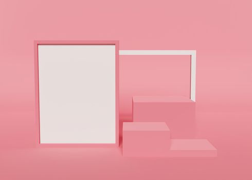 pink background product stand with cubes and text box mockup. 3d rendering
