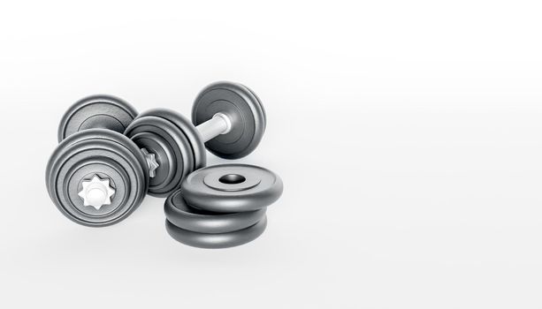 close-up of metal gym dumbbells on white background. 3d render