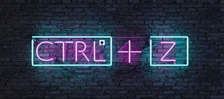neon with pink and blue light with CTRL + Z sign on dark wall. lettering. 3d rendering