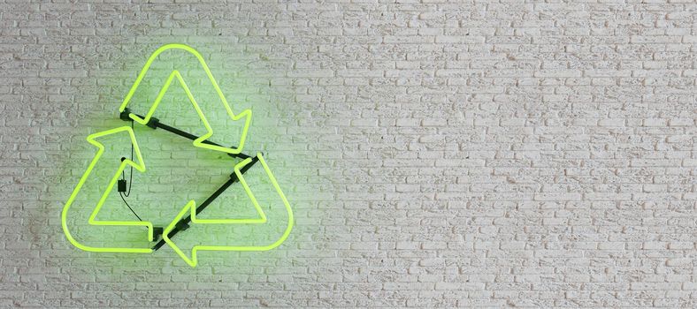 green neon lamp with recycling symbol on white brick wall. copy space. 3d render