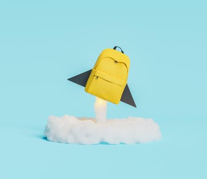 yellow backpack in the shape of rocket taking off with illuminated ignition cloud. concept of education and back to school. 3d render