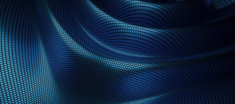 abstract background of wavy hexagons in metallic blue color. 3d render