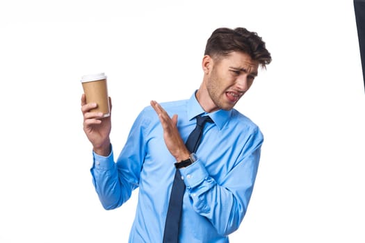 manager office work break coffee cup light background. High quality photo