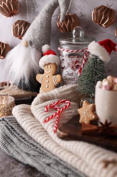 Cozy christmas composition with a cup and cookies. Hot chocolate with marshmallow.