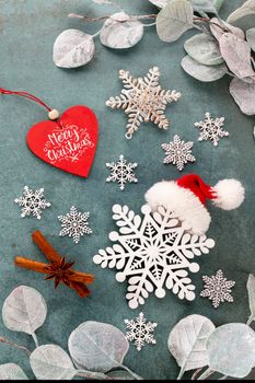 Festive background with christmas decoration. Copy space, winter holidays greeting card, flat lay, top view.