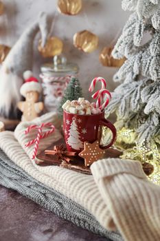 Cozy christmas composition with a cup and cookies. Hot chocolate with marshmallow.