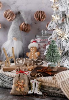 Cozy christmas composition with a cup and cookies. Hot chocolate with marshmallow.