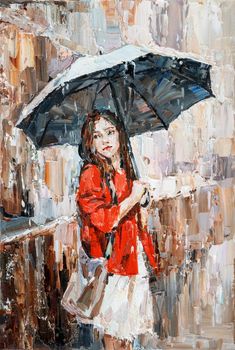 .Girl in the rain with an umbrella in her hands. A woman in a red sweater. Oil painting on canvas.