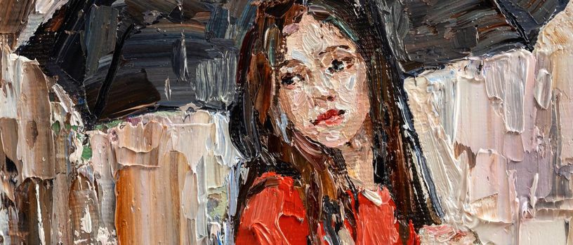 .Girl in the rain with an umbrella in her hands. A woman in a red sweater. Oil painting on canvas.