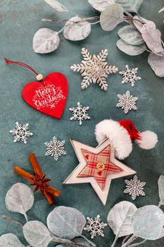 Festive background with christmas decoration. Copy space, winter holidays greeting card, flat lay, top view.