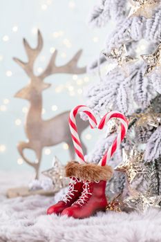 Christmas candy cane heart, bokeh background.