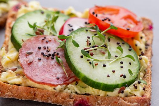 Variety of mini sandwiches with cream cheese, vegetables and salami. Sandwiches with cucumber, radish, tomatoes, salami on a gray background, top view. Flat lay.