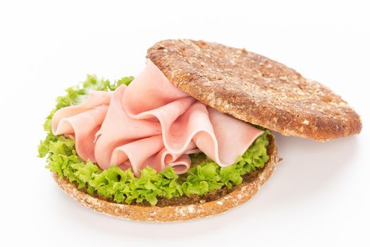 Sandwich with pork ham on white background.