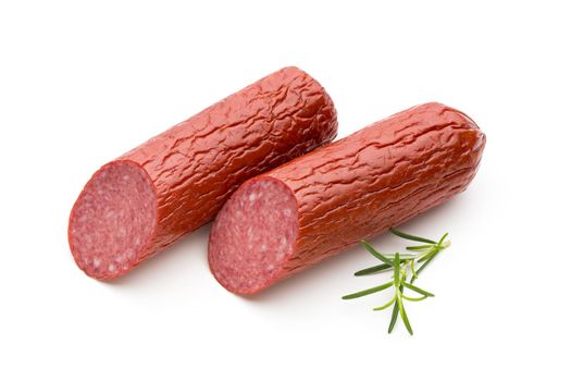 Slices of salami. Isolated on a white background. sausage cut.