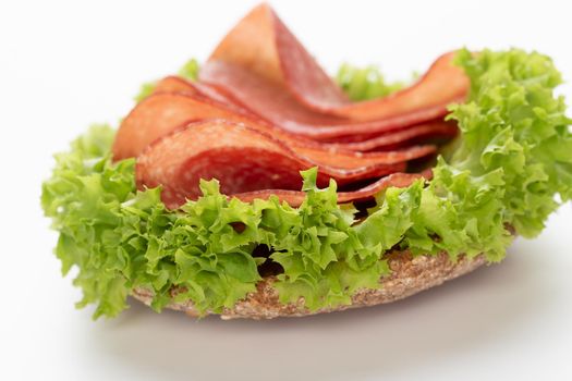 Sandwich with salami sausage on white background. 