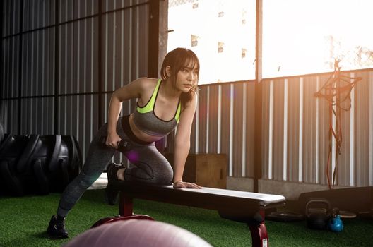 A stunning Asian woman concentrates on lifting a dumbbell at the gym. weight training.