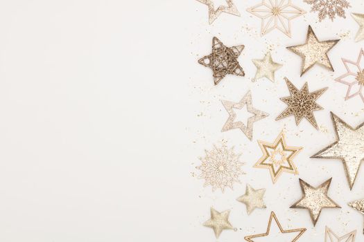 Christmas flatlay decor background on the white wooden table.