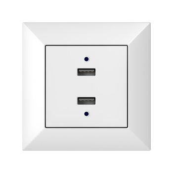 White wall socket with two USB charging ports, isolated on white background