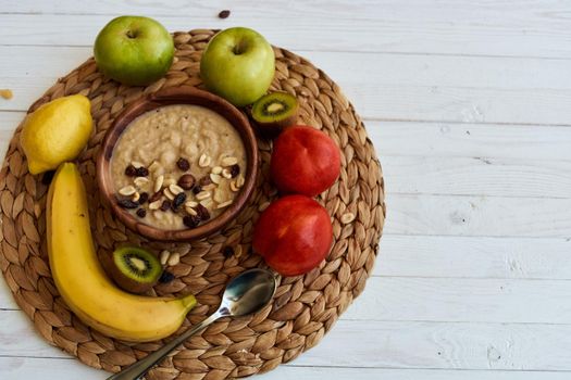 fruit dessert breakfast cereals vitamins organic wood background. High quality photo