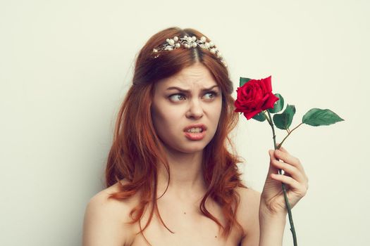 attractive woman with rose flower makeup romance model. High quality photo