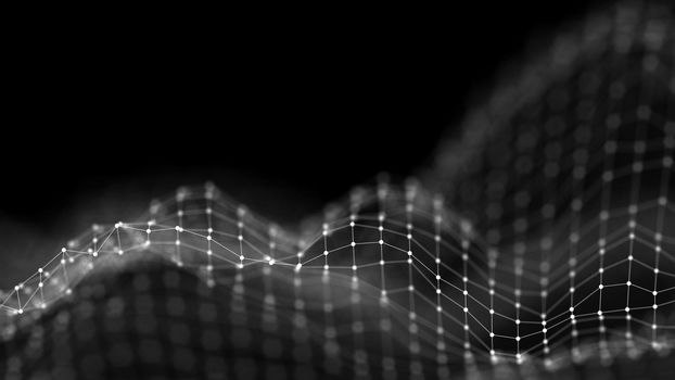 Music background. Big Data Particle Flow Visualisation. Science infographic futuristic illustration. Sound wave.