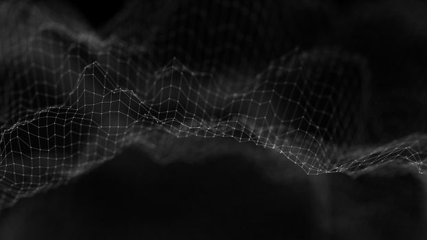 Music background. Big Data Particle Flow Visualisation. Science infographic futuristic illustration. Sound wave.