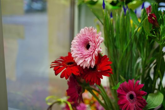 Bouquets of various flowers on counter. Fresh beautiful flowers in florist shop