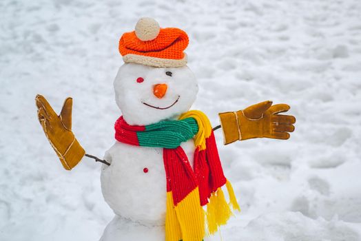 Snowman and snow day. Snowman in a scarf and hat. Greeting snowman. Merry Christmas and Happy Holidays. Snowman in snow forest.