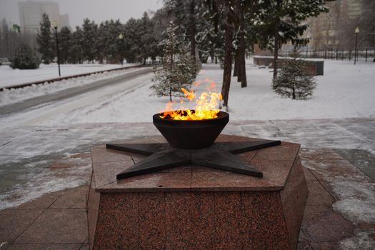 Close up of perpetual fire in winter season. Eternal flame burning in memory of those killed in Second World War