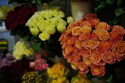 Bouquets of various flowers on counter. Fresh beautiful flowers in florist shop