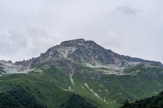 Glacier mountain with green vegetation on high ground in cloudy weather.