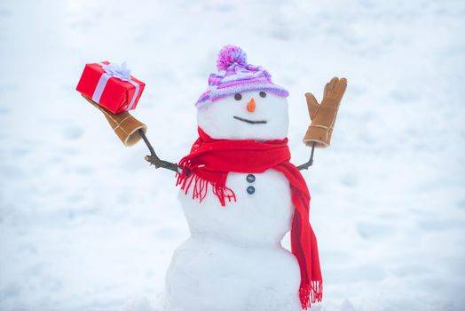 Cute snowman in hat and scarf on snowy field with surprise Christmas gift. Snowman with shopping bag - gift shopping concept. Happy smiling snow man - sale discount concept