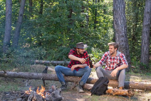 Young people enjoying picnic in park on summer day and drinking beer. Group of two male friends camping with marshmallows over a camp fire. Tourism concept