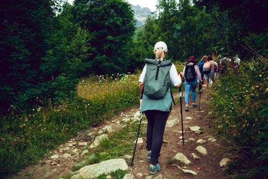 Group of people go hiking in wooded and hilly area. Rear view of woman engaged in nordic walking on rocky path.