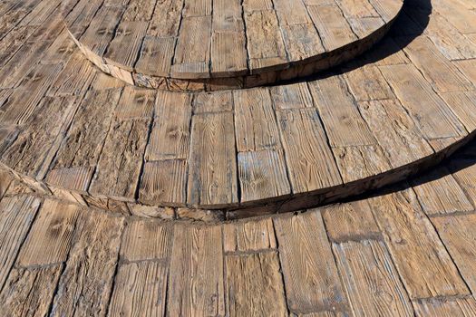 old staircase made of wooden boards, closeup and details of homemade construction