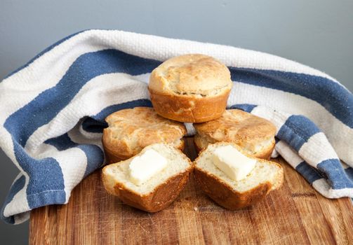 Fresh homemade popover rolls made with quail eggs and organic milk on a farm.