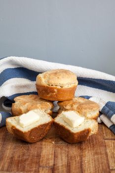 Fresh homemade popover rolls made with quail eggs and organic milk on a farm.